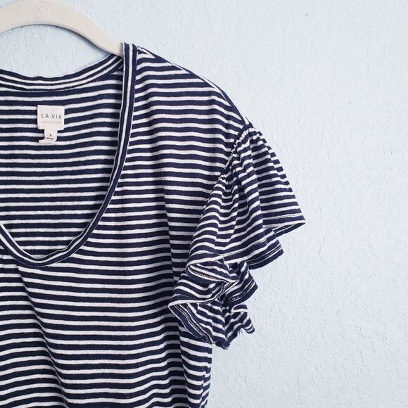 La Vie Rebecca Taylor Black and White Striped V-neck Ruffle Tee - Picture 2 of 6